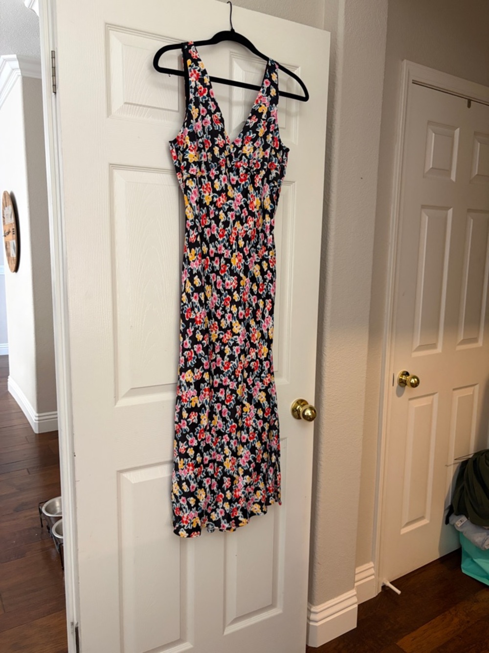 LOFT Black Floral V-Neck Maxi Dress with Pink & Yellow Blooms